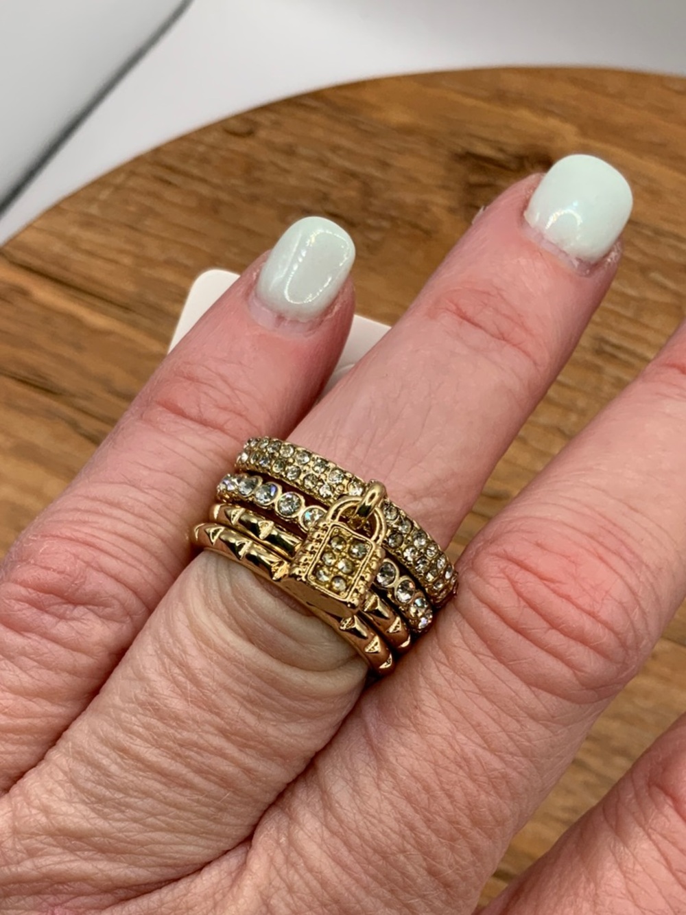 Fashion Nova Locked Away Gold Pavé Stackable Lock & Stud Ring Set
